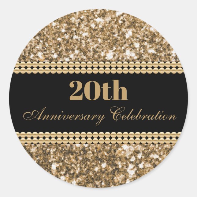 20th Anniversary Celebration Gold Glitter Pearls Classic Round Sticker (Front)