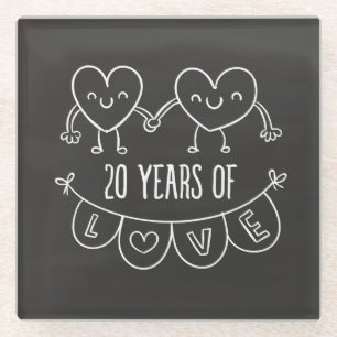 20th Anniversary Gift Chalk Hearts Glass Coaster