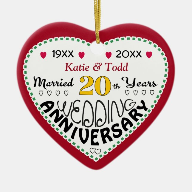 20th Anniversary Gift Heart Shaped Christmas Ceramic Ornament (Front)
