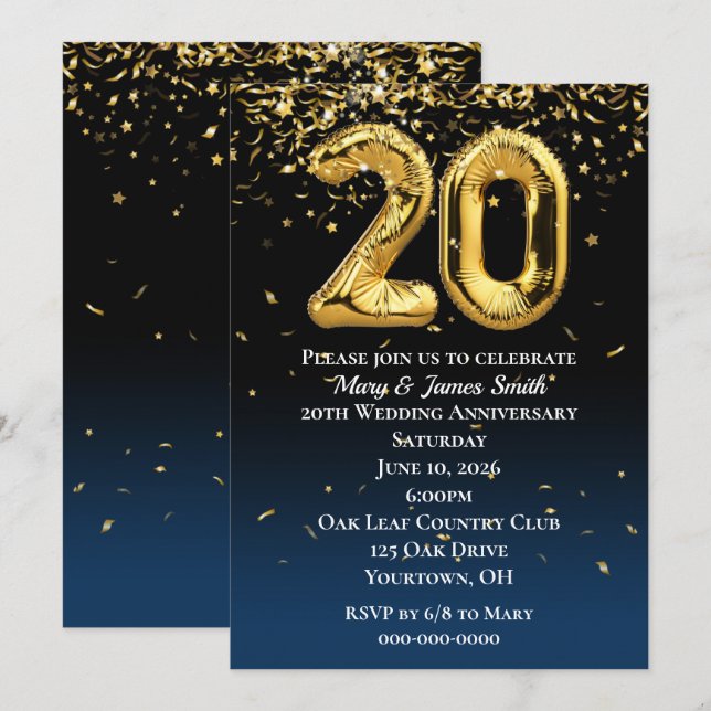 20th Anniversary Gold Balloons and Confetti Invita Invitation (Front/Back)