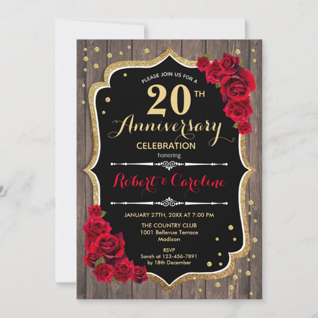 20th Anniversary Invitation - Wood Red Gold (Front)