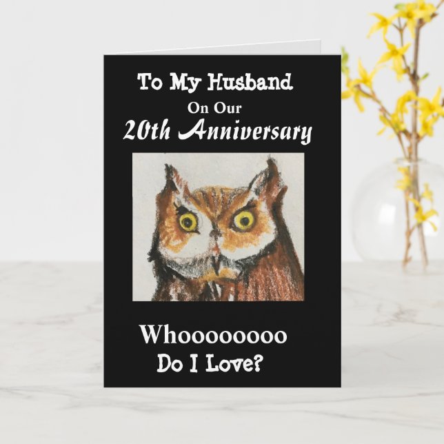 20th Anniversary To My Husband Funny Owl Love Card (Yellow Flower)