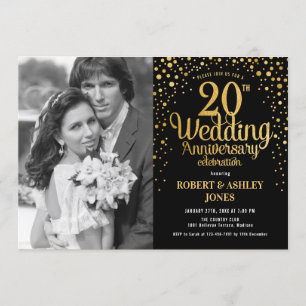 20th Anniversary with Photo - Black Gold Invitation