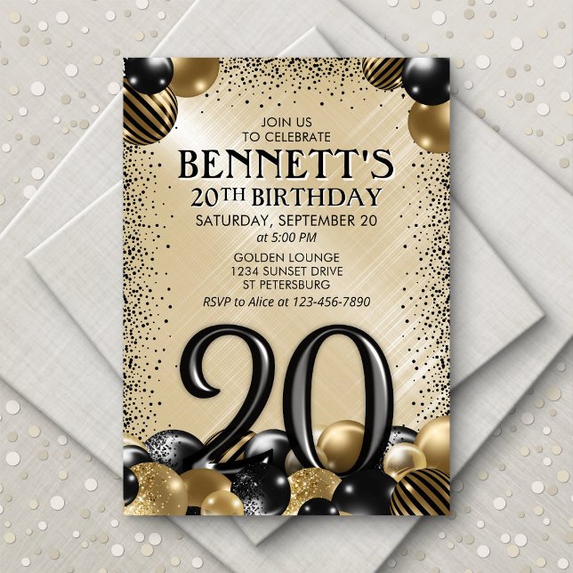 20th Balloons Black Gold Birthday Invitation (Creator Uploaded)