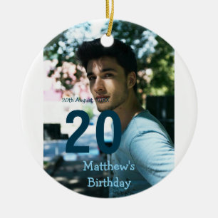 20th birthday add name photo date man blue white s ceramic ornament