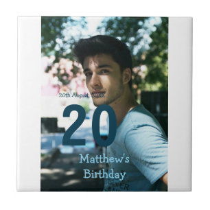 20th birthday add name photo date man blue white s ceramic tile
