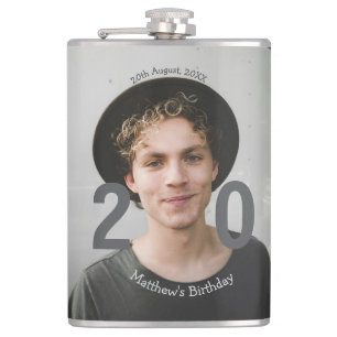 20th birthday add name photo date man blue white s hip flask