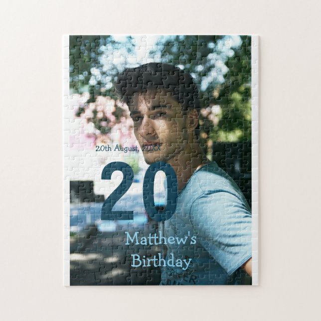20th birthday add name photo date man blue white s jigsaw puzzle (Vertical)