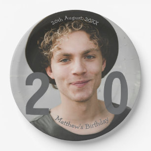 20th birthday add name photo date man blue white s paper plate