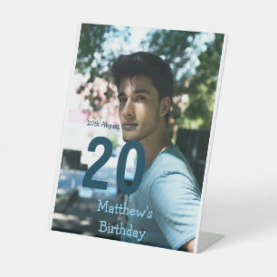 20th birthday add name photo date man blue white s pedestal sign