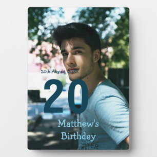 20th birthday add name photo date man blue white s plaque