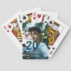 20th birthday add name photo date man blue white s playing cards