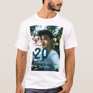 20th birthday add name photo date man blue white s T-Shirt