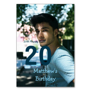 20th birthday add name photo date man blue white s table number