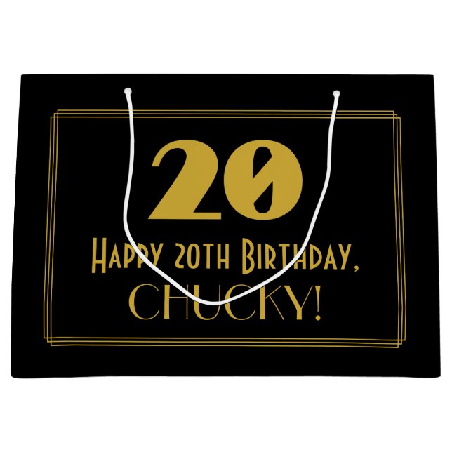 20th Birthday — Art Deco Inspired Look "20" & Name Large Gift Bag (Front)