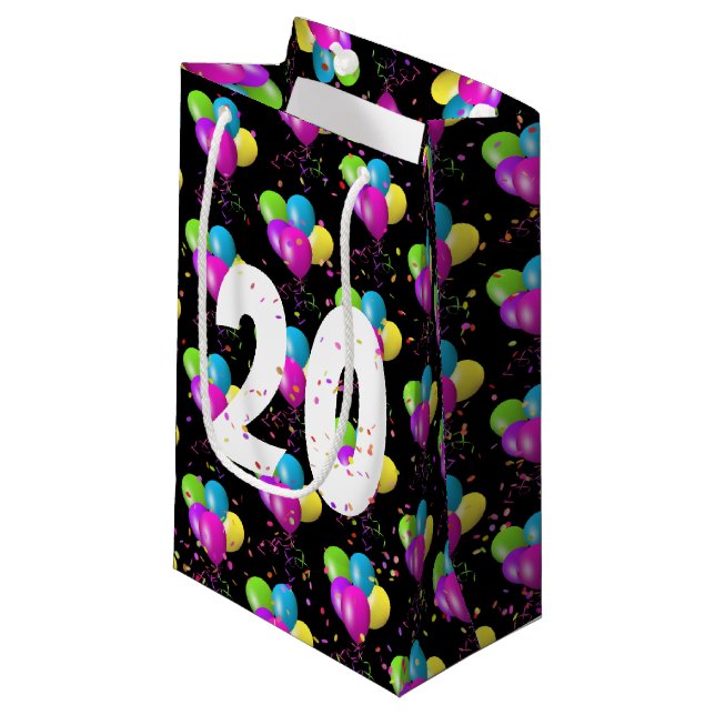 20th Birthday Balloons and Confetti Small Gift Bag (Front Angled)