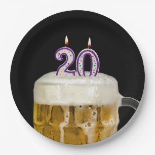 20th Birthday Beer on black Paper Plate