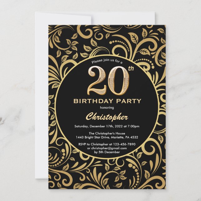20th Birthday Black and Gold Floral Pattern Invitation (Front)