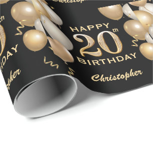 20th Birthday Black and Gold Glitter Balloons Wrapping Paper