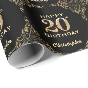 20th Birthday Black and Gold Glitter Frame Wrapping Paper