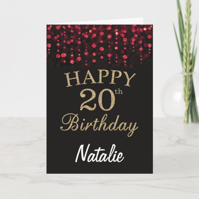 20th Birthday Black and Red Gold Glitter Card (Front)