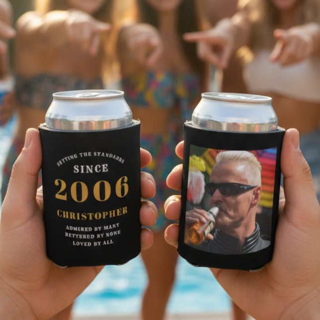 20th Birthday Black Gold With Name & Photo Can Cooler (Black can coolers held in hands with an out of focus pool background)