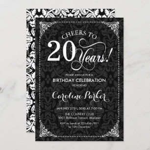 20th Birthday - Black White Damask Invitation