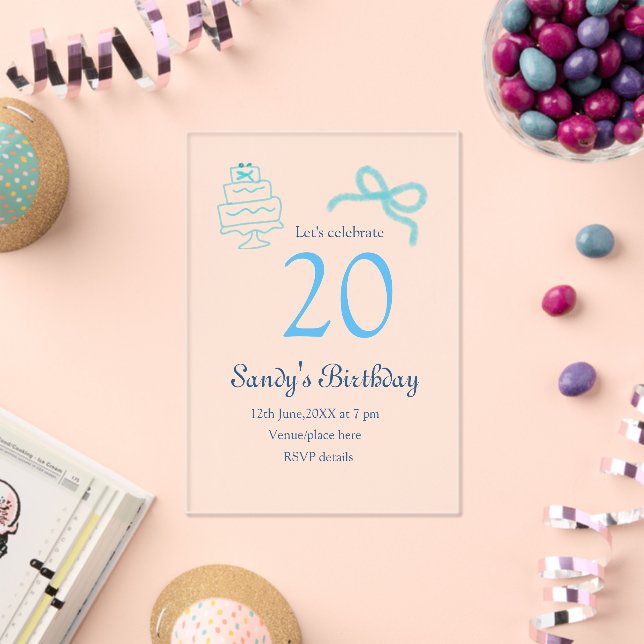 20th Birthday blue bow cake name date pastel retro Acrylic Invitations (Insitu (Celebration))
