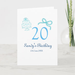 20th Birthday blue bow cake name date pastel retro Card