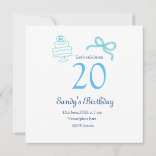 20th Birthday blue bow cake name date pastel retro Invitation
