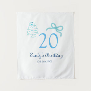 20th Birthday blue bow cake name date pastel retro Tapestry