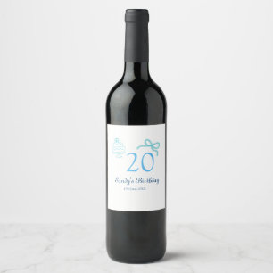 20th Birthday blue bow cake name date pastel retro Wine Label