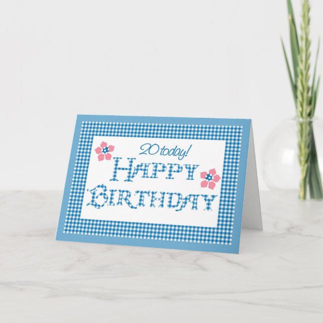 20th Birthday, Blue Check Gingham Pattern Card (Front)