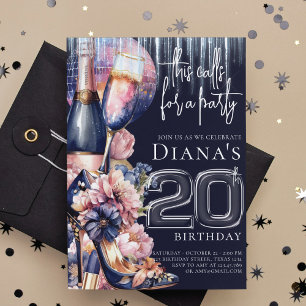 20th Birthday Blue Pink Heel Champagne  Invitation