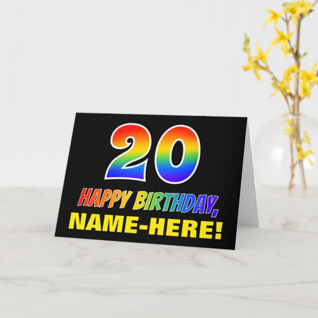 20th Birthday: Bold, Fun, Simple, Rainbow 20 Card (Yellow Flower)