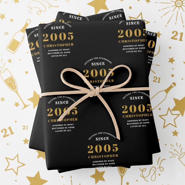 20th Birthday born 2005 Add Name Black Gold Wrapping Paper Sheet (2005 wrapping paper. White and gold background.)