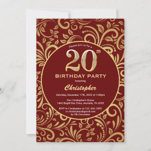20th Birthday Burgundy Red and Gold Floral Pattern Invitation