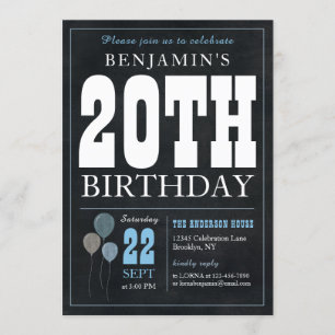 20th Birthday Chalkboard Blue Balloon Rustic Chic Invitation