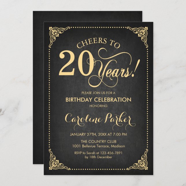 20th Birthday - Chalkboard Gold Invitation (Front/Back)