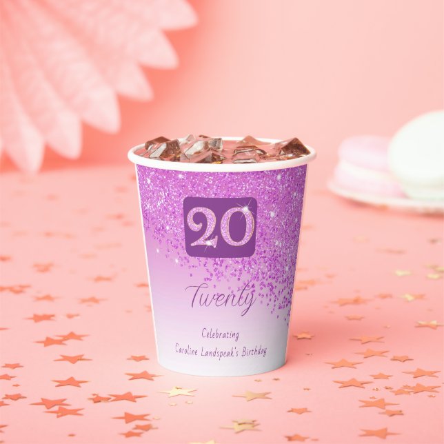 20th Birthday Classy Falling Pink Glitter Paper Cups (Insitu)