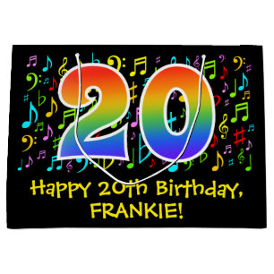 20th Birthday - Colorful Music Symbols, Rainbow 20 Large Gift Bag