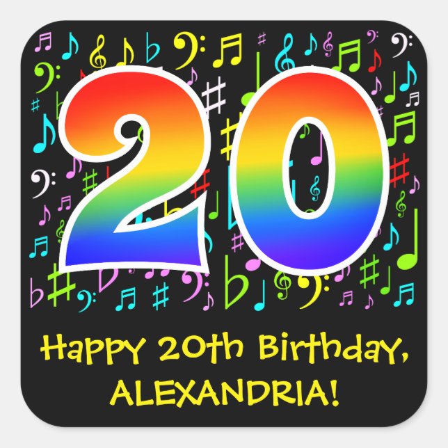 20th Birthday: Colourful Music Symbols, Rainbow 20 Square Sticker (Front)