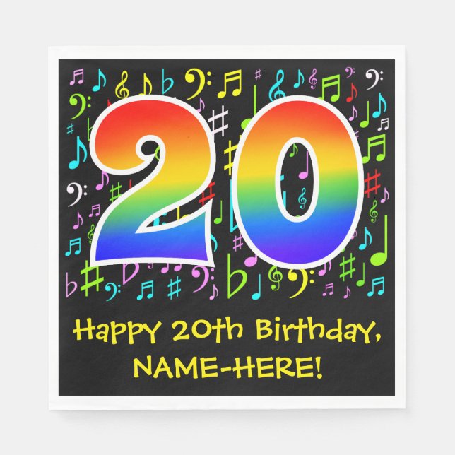 20th Birthday - Colourful Music Symbols, Rainbow 2 Napkin (Front)