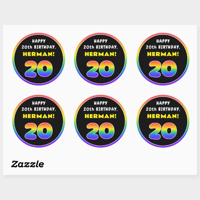 20th Birthday: Colourful Rainbow # 20, Custom Name Classic Round Sticker (Sheet)