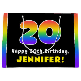 20th Birthday: Colourful Rainbow # 20, Custom Name Large Gift Bag
