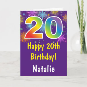 20th Birthday Colourful Rainbow Fireworks Purple Card