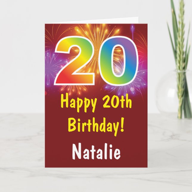20th Birthday Colourful Rainbow Fireworks Red Card (Front)