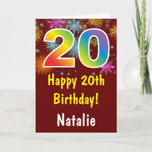 20th Birthday Colourful Rainbow Fireworks Red Card