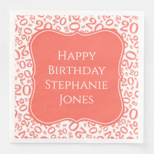20th Birthday Coral/White Bracket Number Pattern Napkin