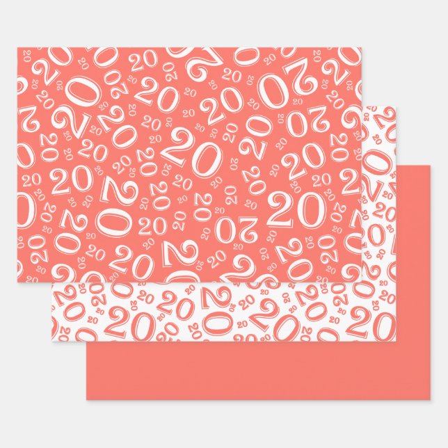 20th Birthday Coral/White Random Number Pattern 20 Wrapping Paper Sheet (Set)